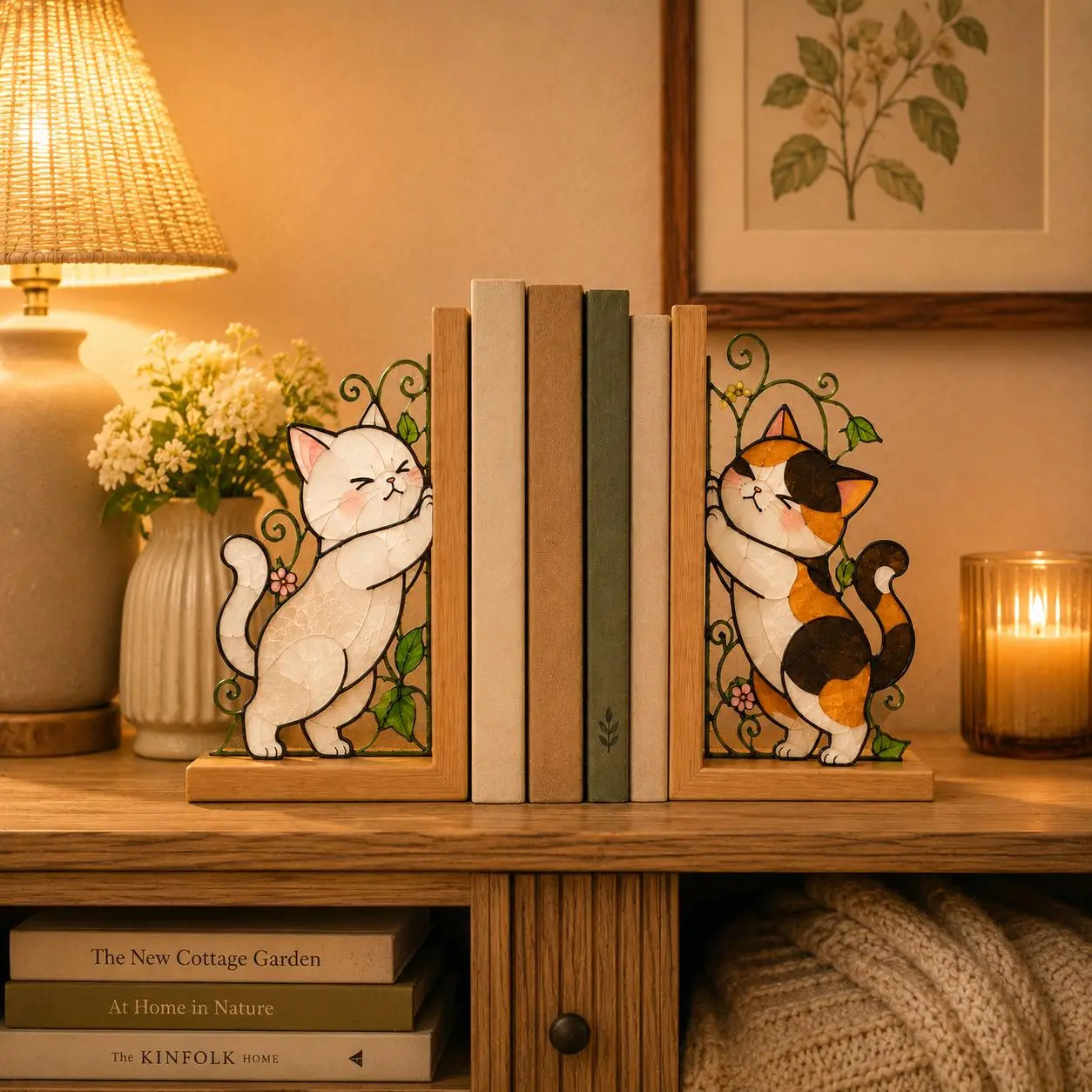 Cat Bookends, Stained Glass Style Cat Book Holder, Cute Cat Bookshelf Decor, Wooden Book Stand, Cat Lover Gift, Home Office Decor, Book Lover Gift, Bookshelf Decor