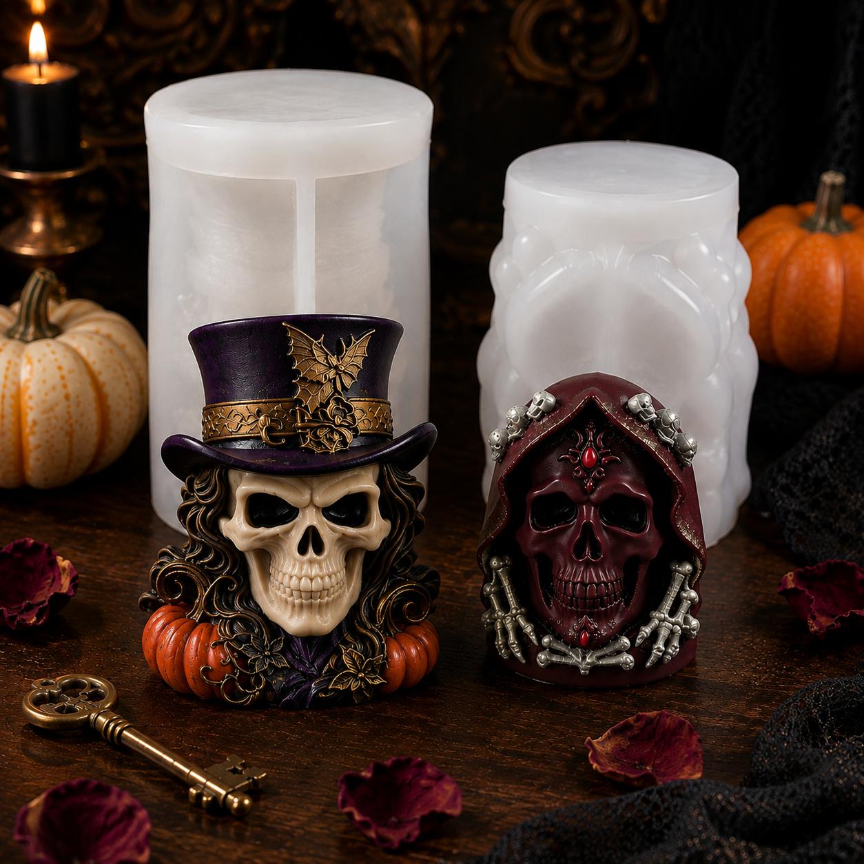 2Pcs Halloween Gothic Skull Silicone Mold Set - Top Hat Bat Pumpkin & Hooded Skeleton for DIY Candle Making Supply, Epoxy Resin Casting, Soap Plaster Craft 2Pcs Halloween Gothic Skull Silicone Mold Set - Top Hat Bat Pumpkin & Hooded Skeleton for DIY Candle Making Supply, Epoxy Resin Casting, Soap Plaster Craft