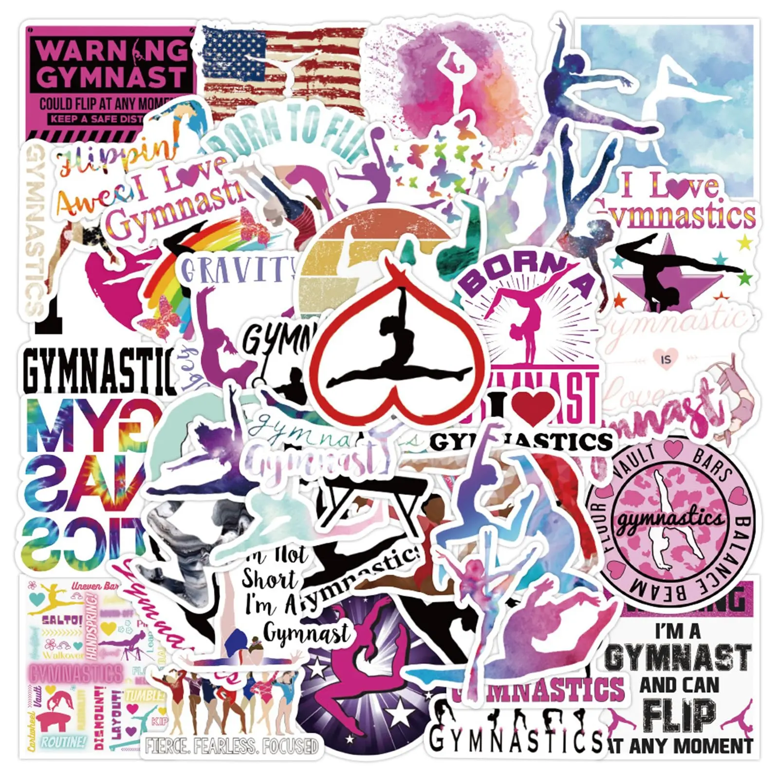50PCS Vinyl PVC Gymnastics Stickers Pack (2-3.5 in) - Removable Without Residue, Non-Soluble Inks, DIY Scrapbooking Supplies, Gifts for Girls, Yoga Instructor Accessories, Laptop Decals, 2-3.5 Inch