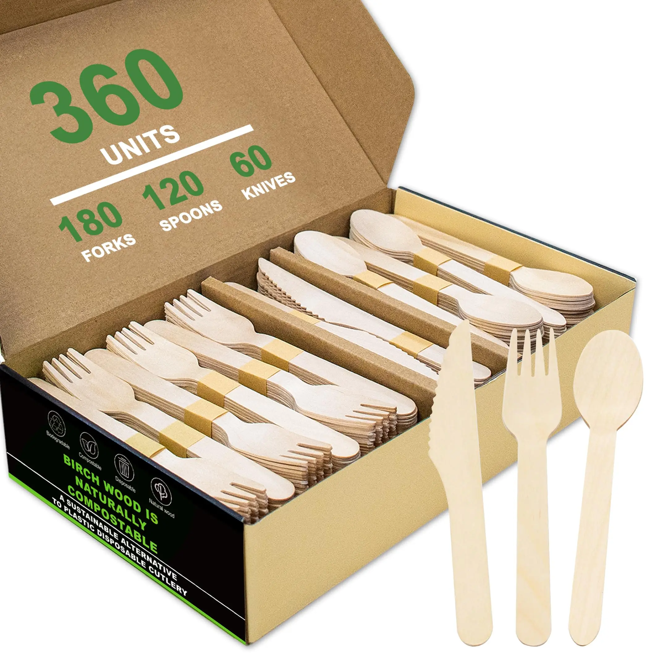 Disposable Wooden Cutlery Set - 360 Compostable Utensils [180 Forks  60 120 Spoons] Biodegradable Utensil For Parties Camping (cutlery)
