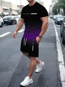 Men's Gradient Fitness Short Sleeve Set, Summer Trendy Sportswear Casual Two-Piece, Fitted Tee and Shorts, Regular Length, Athleisure Wear Set