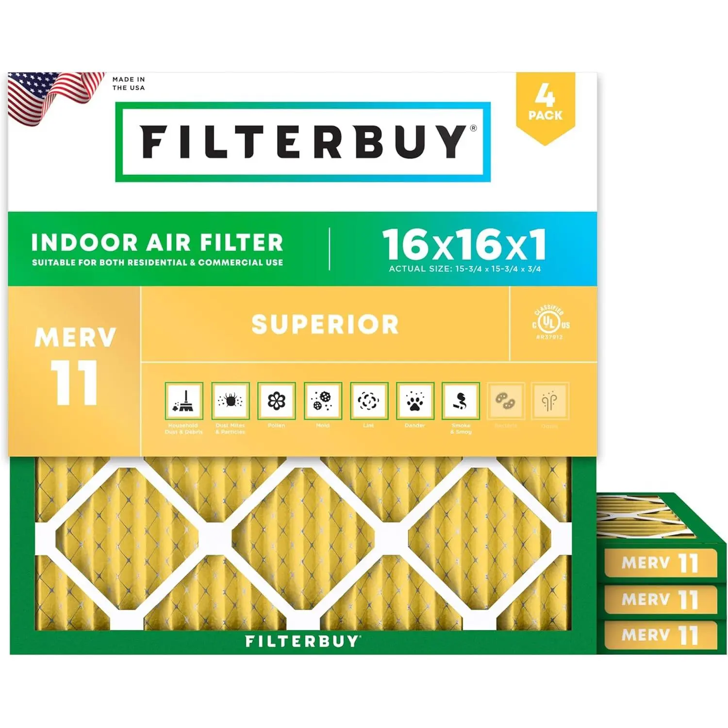 Filterbuy 16x16x1 Air Filter (4-Pack), Pleated MERV 11 Allergen Defense HVAC AC Furnace Air Filters (Actual Size: 15.75 x 15.75 x 0.75 Inches)