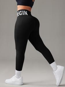 women's solid color letter pattern high waist sports leggings, high stretch comfortable breathable tummy control butt lifting yoga leggings, ladies sportswear for indoor outdoor wear, gym legging for women, tight leggings, yoga leggings pants