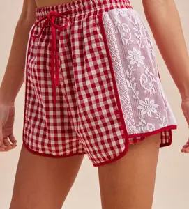Red Gingham Shorts W/ Floral Lace