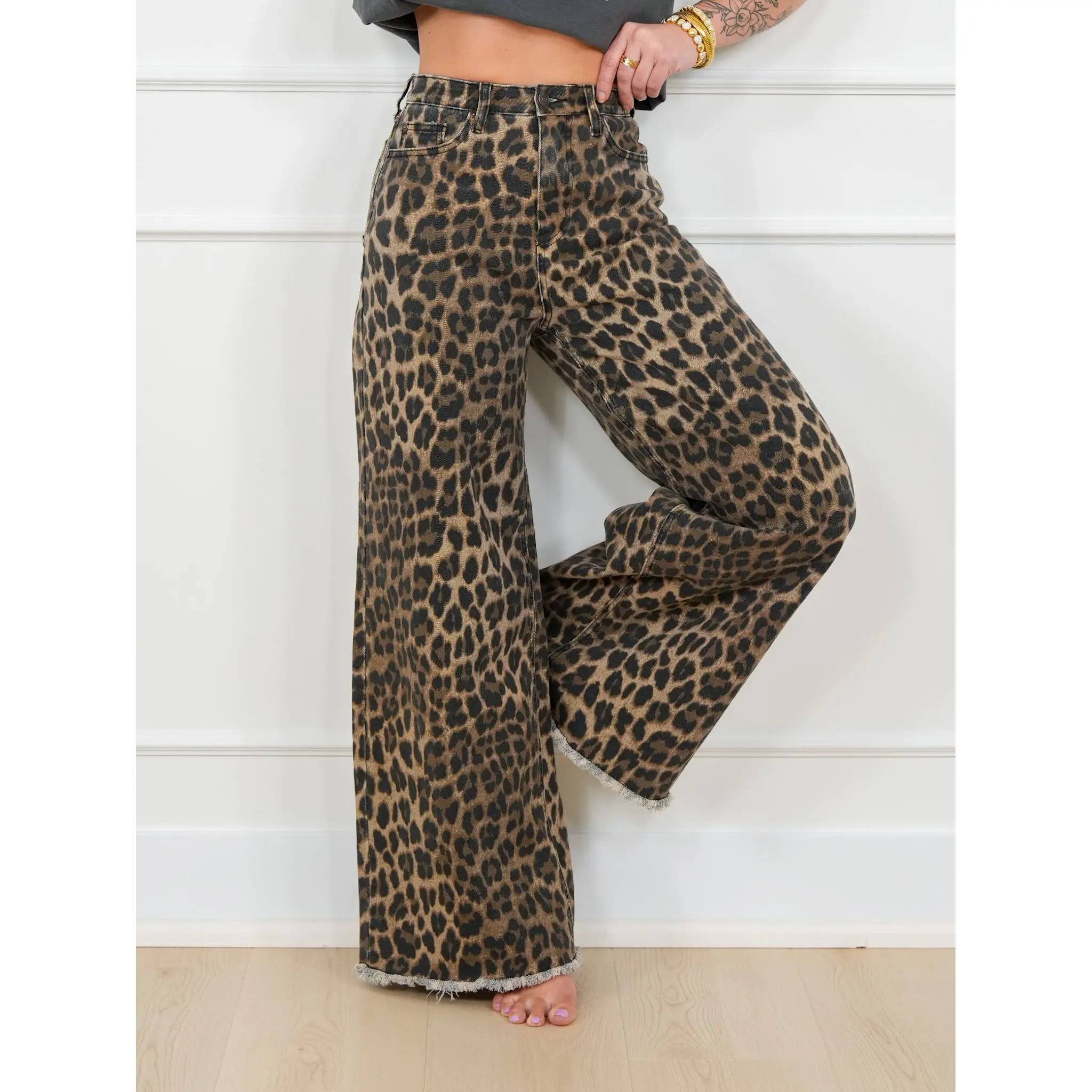 Saige High Rise Leopard Tummy Control Elastic Waist Band Wide Leg Jeans