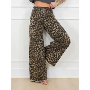 Saige High Rise Leopard Tummy Control Elastic Waist Band Wide Leg Jeans