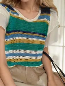 Women's Colorblock Striped Print Crochet Sweater, Casual  Round Neck Top for Summer, Fashion Women's Knitwear for Daily Wear