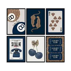 6pcs/set Frameless blue No. 8 Ball & Leopard Print Animal Canvas Print Cherry Playing Card Wall Art Poster for Modern Home Decor