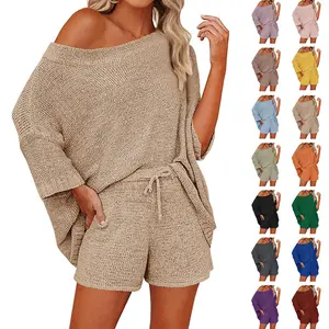 Imily Bela Women's 2 Piece Outfits Sweater Sets Off Shoulder Knit Top Shorts Matching Suits Cute Pajama Lounge Set
