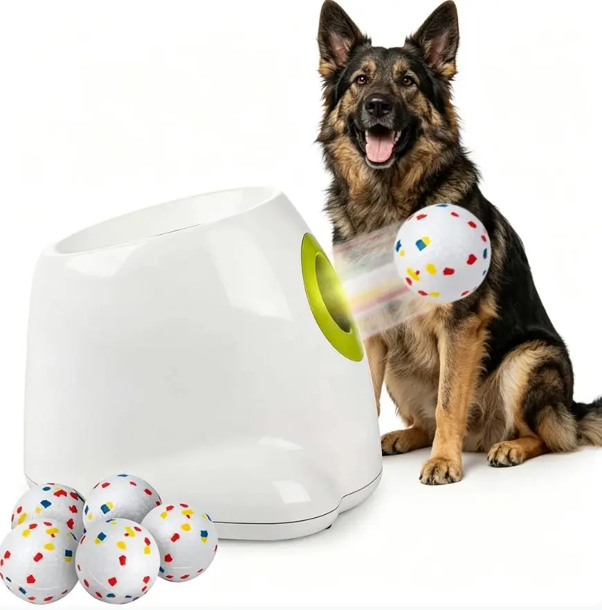 Allforpaws Maxi Dog Ball Launcher, Automatic Interactive Training Toy with 2.5-in ETPU Balls, White/Green, 13x12.7x11.1-in