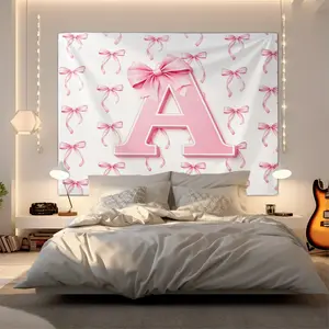 Pink Bow Monogram Letter Tapestry, Cute Coquette Girly Tapestries, Sweet Princess Style Wall Hanging, Lightweight Wall Blanket Backdrop Decor for Bedroom Dorm Living Room, Great Gift for Teen Girls and Women
