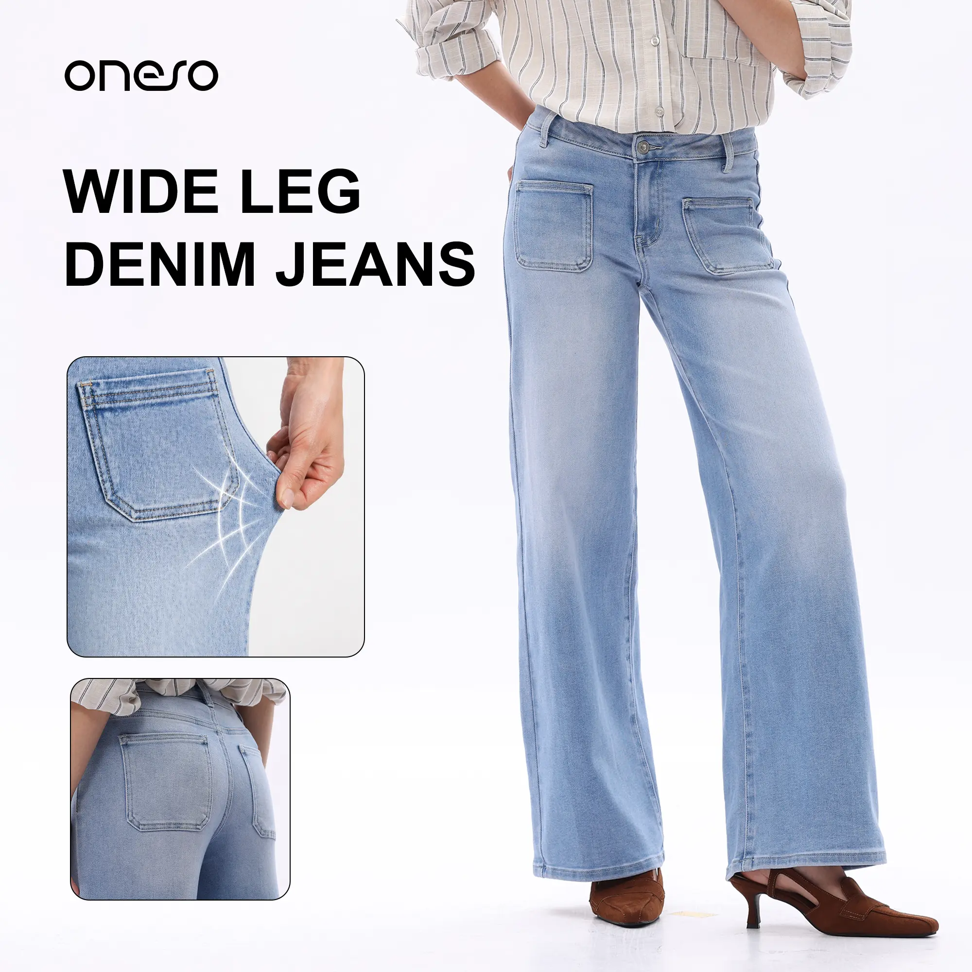ONESO Y2K Women Mid Waist Stretchy Wide Leg Jeans Denim Pants Womenwear All Season Daily Wear Pockets Bottoms Casual Denim Trouser#SummerVibes