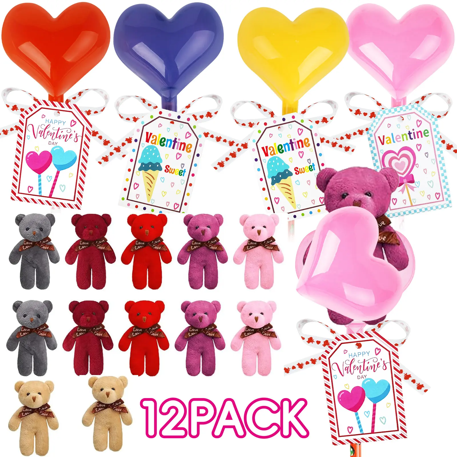 Adorable 12-Piece Solid Color Plush Bear Set with 12 Greeting Cards - Valentine Gifts for Children, Ideal for School Favors, Festive & Party Supplies, Home Decoration, Solid Colors