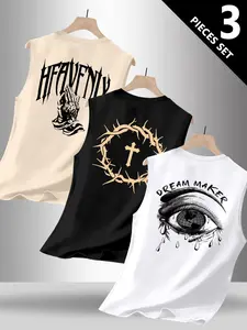 Men's Trendy Print Round Neck Sleeveless Vest Set, Casual Comfortable Top, Perfect for Summer Outdoor Fitness Wear, Sleeveless Tank Tops