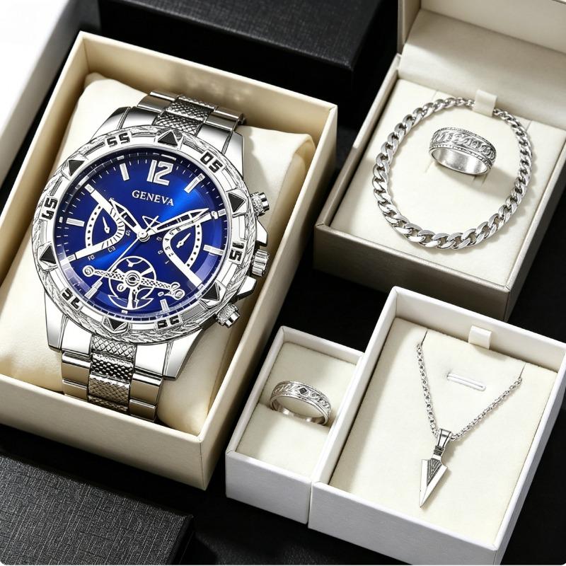 Viral 4-Piece Men’s Silver Kit | Blue Dial Watch + Cuban Bracelet & Ring