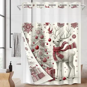 1PC/4PCS 2D Flat Printing Merry Christmas Red and White Mosaic Christmas Tree Reindeer Patterned shower curtain, home bathroom decor, shower curtain set with 12 hooks, non-slip bathroom rug, U-shaped toilet seat cover, toilet seat mat.