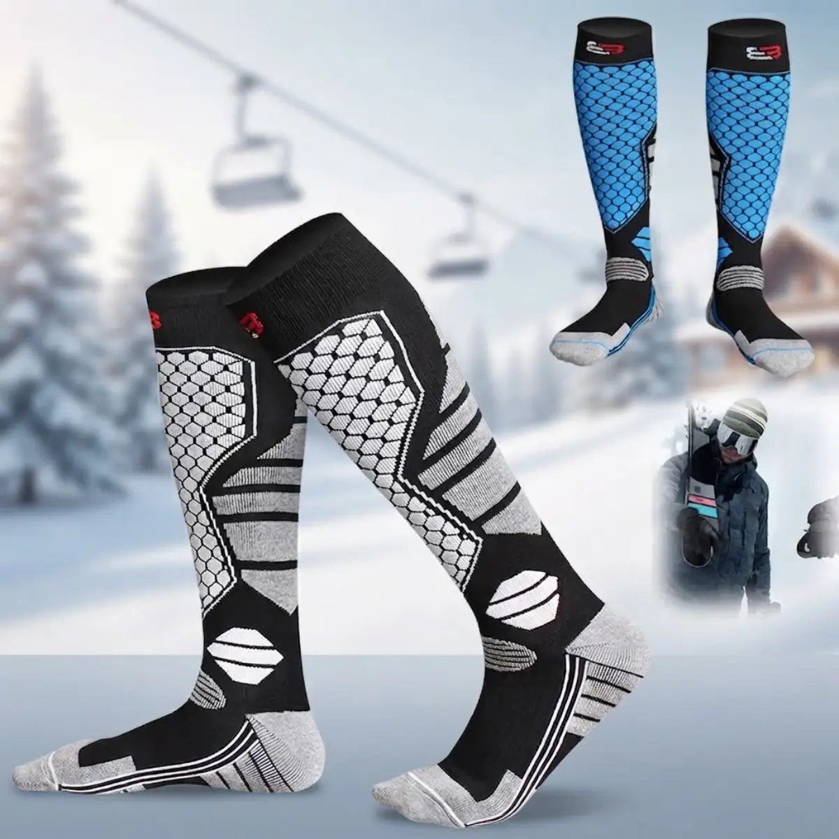 2 Pairs Mens Winter Thermal Ski Socks Compression Knee High Snow Socks Thick Warm Breathable Over the Calf Cushioned Moisture Wicking Skiing Snowboard Socks for Men Outdoor Hiking Trekking Ice Skating Cold Weather Essentials