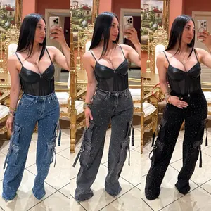 Melania Rhinestone High Waisted Cargo Jeans