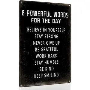 8x12 Inch Vintage Black Inspirational Metal Tin Sign, 8 Powerful Words For The Day Positive Quote Wall Plaque, Office Teen Bedroom Farmhouse Decor, Motivational Gift For Students Workers
