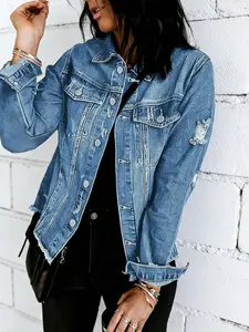 Women's Plus Size Long Sleeve Denim Jacket, Frayed Hem Design, Ripped Solid Color Casual Fitted Outerwear, Fashion Trendy Jean Coat