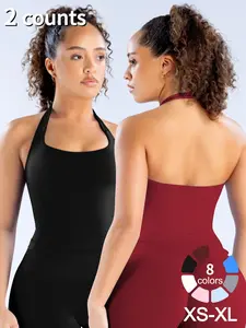 2Pcs Women's Yoga Halter Neck Tank Top with Removable Pads, Three-Layer Seamless Backless Tank Tops Casual Solid Color Soft All Seasons Wear
