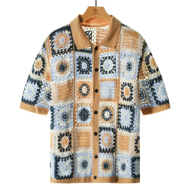 Zaitun Men's Summer Cool Knitted Short-Sleeve Shirt Baby Blue Boho Vacation Casualwear Loose Fit Collared Button Closure All-Over Print Menswear Acrylic Knitwear,back to school,back to school shopping