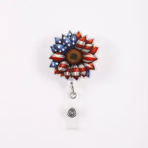 American Style Badge Reel with Star Spangled Banner Flower Design, Star and Stripes Motif, Floral Design, ID Card Holder Clip, Easy Attachment, Patriotic Accessory for Daily Use, Patriotic Theme