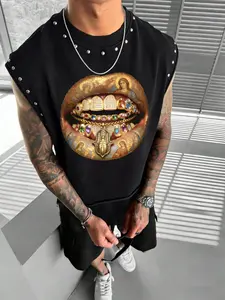 Unisex Casual Streetwear Vest Top, Lip Print Graphic & Rivet Design, Sleeveless Fitted Inner Layer, Trendy Couple for All Seasons