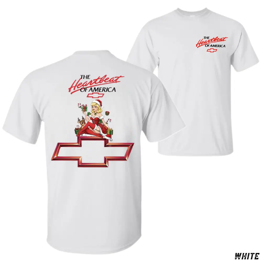 Heartbeat of America Christmas T-Shirt, Retro Pinup Girl Graphic Tee, Classic Chevy Style Shirt for Car Lovers & Vintage Truck Enthusiasts
