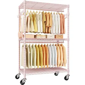 P1 Rolling Closets with Wheels and Shelves, Portable Closet Wardrobe for Clothes Hanging, Pink Clothing Storage and Organizer System for Bedroom, 35.5" W x 15.7" D x 80.5" H, Hold 500lbs