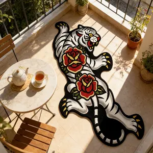 Creative Rose Tiger Print Rug, Foldable Plush Carpet for Living Room Bedroom, Easy Care Large Area Mat for Home Hotel, Polyester Fiber Rug, Durable Area Rugs, Decorative Mats