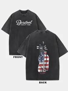 Men's Vintage Washed 230g Cotton T-Shirt - Double-Sided Golf Flag & Patriotic Clubs Print, Loose Fit Round Neck Short Sleeve, Breathable Summer Casual Tee for Golf & Outdoor Activities, Casual Summer Tee | Relaxed Fit Tee | Washed Cotton Fa vintage t-shir