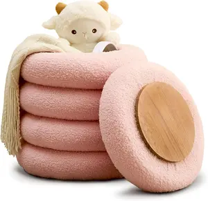 15in Round Storage Ottoman, Footstool, Teddy Vanity Stool with Flip-Top Tray, Makeup Chair for Home Decor, Upholstered Footrest for Living Room & Bedroom