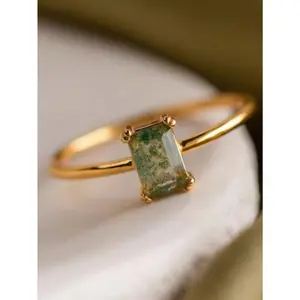 1pc Rectangle Natural Moss Agate Ring Promise Ring For Women Girlfriend Engagement Birthday Gift Daily Jewelry Gifts (Natural Stone Color Is Random)