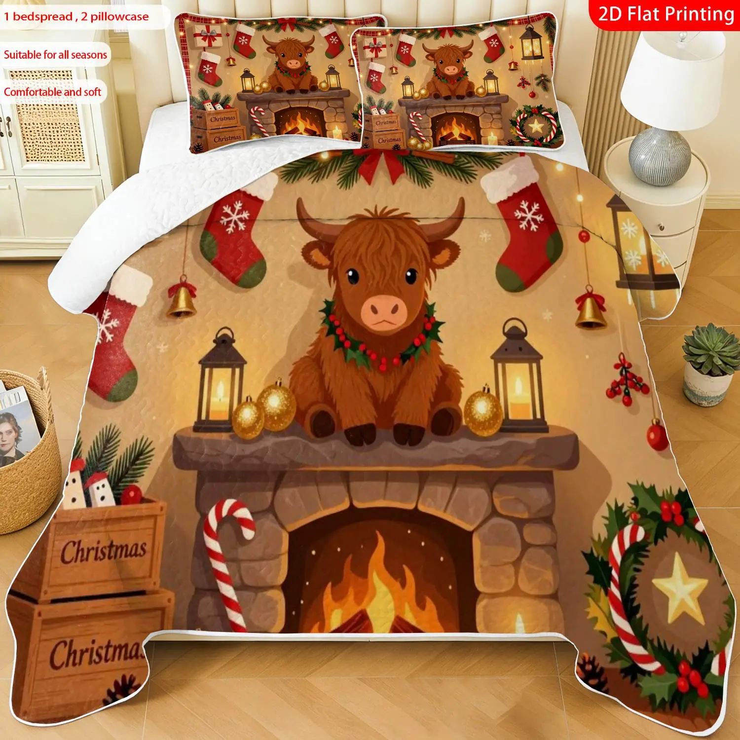 3pcs, 2D flat print Scottish Highland Cow Christmas Fireplace Pattern Quilted Bedspread Set multiple sizes available, bedding set, festive decorative bedding, ideal for bedroom décor(1 bedspread , 2 pillowcase)