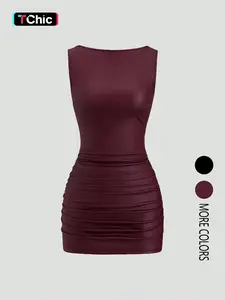 Women's solid color slim-fit sleeveless pleated faux leather dress, pleated design, fits the body shape, elastic waist, sexy midi dress.