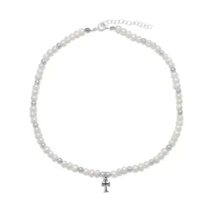 13" +2" Extension White Cultured Freshwater Pearl and Silver Bead Necklace with Cross Drop