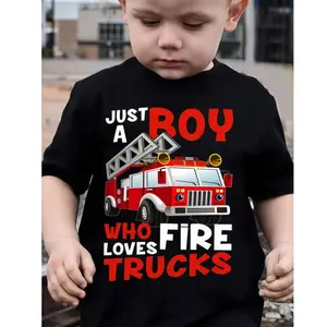 “JUST A BOY WHO LOVES FIRE TRUCKS" Boys Girls Kids T-shirt 100% Cotton Crew Neck Short Sleeve For Outdoor