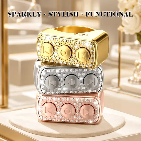 D03 Xring Glitter Diamond Minimalist Metal Bluetooth Scrolling Ring Remote Control - Unisex Phone/Pad Camera Accessory, TikTok Scroller, Page Turner, Volume Adjuster, Like Button, Selfie Shutter for iOS, Android, Hands-Free Yes Gift
