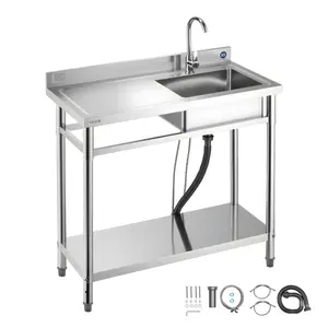 【summerfinds】VEVOR Stainless Steel Rectangle Utility Sink Combo, 39.4x19.7x37 in Free-Standing Single Left Bowl Sink Unit Station with 3-in-1 Bar Faucet, Adjustable Hot-Cold Water Pipe for Garage, Outdoor Kitchen