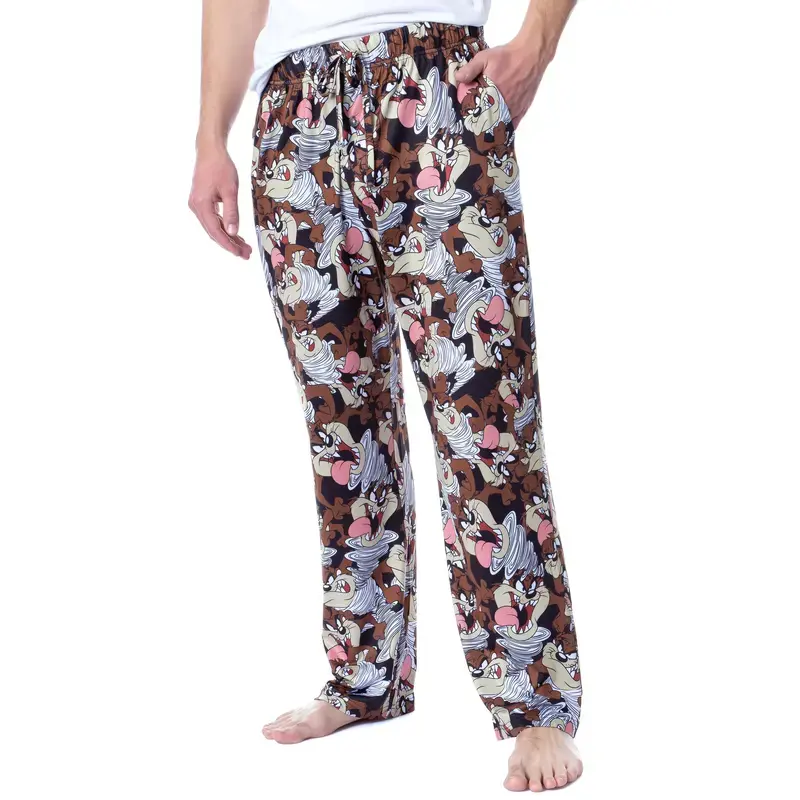 Looney Tunes Men's Taz Tasmanian Devil Pajama Pants, Black All-Over Print Sleep Pants, Character Lounge Pants, Drawstring Waist with Pockets, Cozy Nightwear