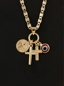 New 4-in-1 Gold-Plated Pendant with Two Crosses Saint Benedict Red Eye and 18-inch or 24-inch Chain Small Pendant gift Daily Wear Necklace Dainty Boho Necklace