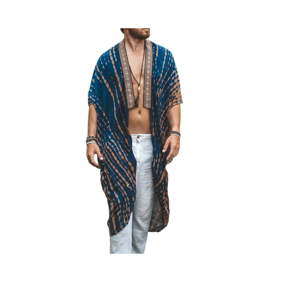 Coofandy Men's Casual Printed 2-Piece Top Set, Sun Protective Short Sleeve Polyester Cape and T-Shirt Outfit for Summer Beach Wear, Tops
