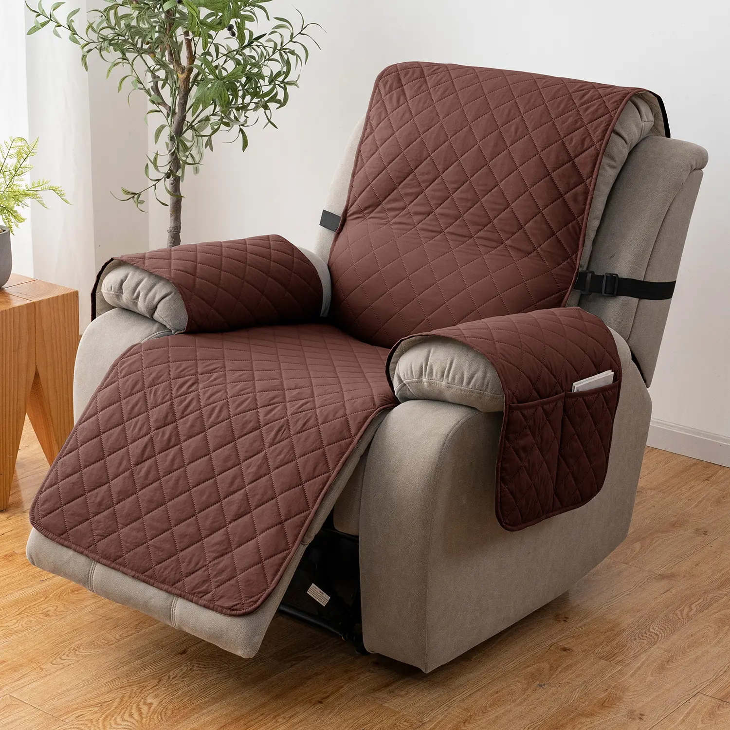 Recliner Slipcover for Pet Protection, Washable Waterproof Non-Slip Fabric Adjustable Lazy Chair Cover with Pockets & Straps
