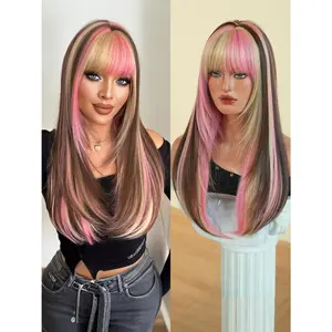 7JHH WIGS 26IN Long Straight Brown Highlight Pink Wigs High Layered Cut Women Synthetic Heat Resistant Fiber Bangs Wig for Women Fashion Edgy Daily Party Cosplay2026