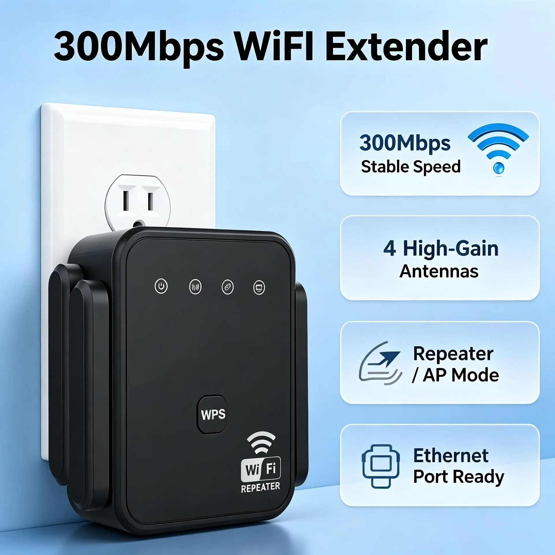 300Mbps 2.4GHz Wireless WiFi Repeater - Compact Plug-In Plastic Internet Booster with 4 Antennas, Signal Amplifier, Repeater Mode, AP Mode, Ethernet Port for Home Office Use, WiFi Booster and Signal Amplifier, Internet Booster For Wifi