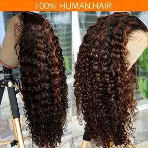 26-Inch Gradient Lace Front Top Wig Human Hair 1B/30 Black Brown 5x5 HD Lace Deep Wave Honey Gold Women's Wig Pre-Plucked Hairline 180% Density