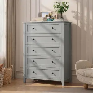 5 Drawer Dresser for Bedroom, Grey Dresser with Deep Drawers & Metal Knobs, Tall Modern Wooden Chests of Drawers for Entryway, Hallway