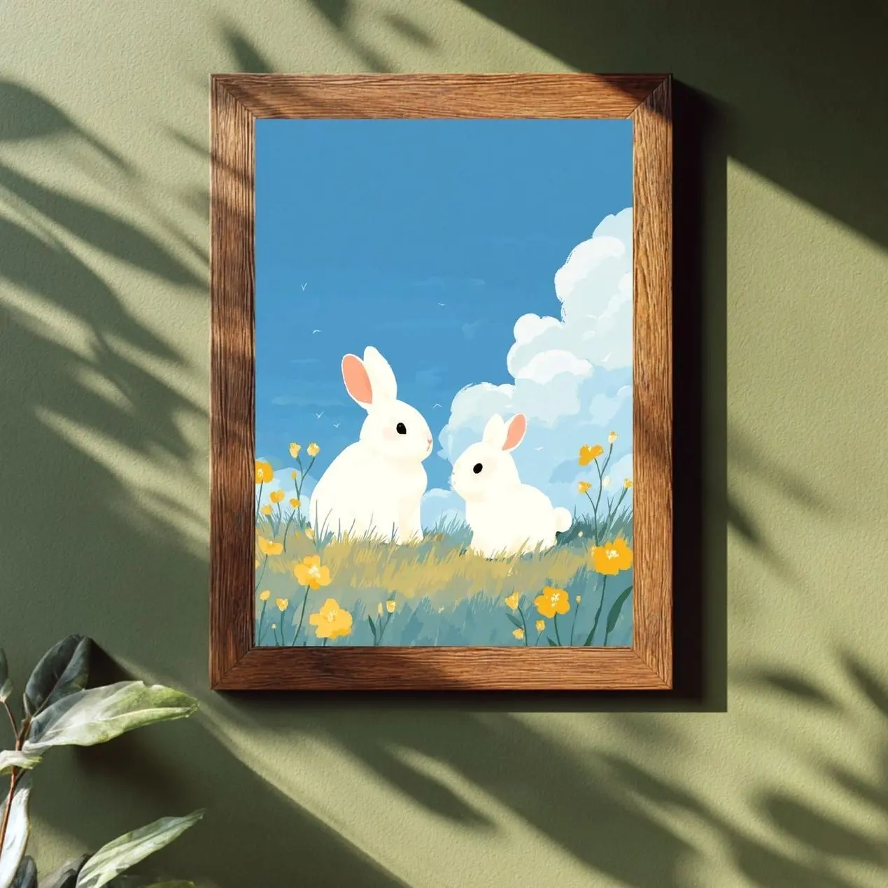 White Rabbits in Meadow Print – Spring Bunny Wall Art, Kids Room & Nursery Decor, Wildflower Field Illustration, Gentle Animal Lover Gift 8