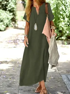 Women's Plain V-Neck Short Sleeve Dress, Simple Long Dress for Women, Fitted Casual Fashion, Perfect for Daily Wear